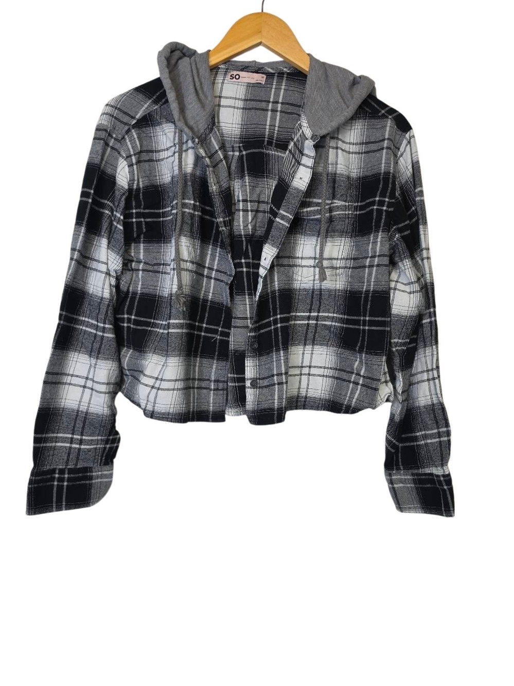 SO Black‑White Plaid Hooded Crop Shirt  Size M